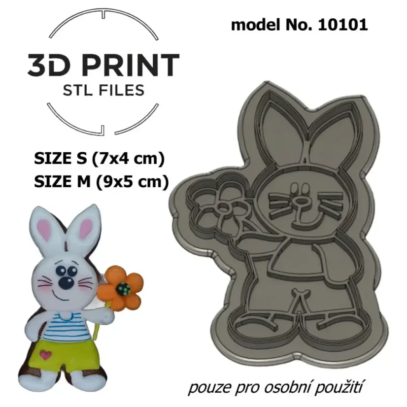 3D tisk STL | Zajíc s kytkou | 10101DS | DIY vykrajovátko/sada - Varianta: model č. 10102, Velikost: velikost S + M